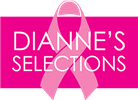 A pink ribbon with the words dianne 's selections in white.